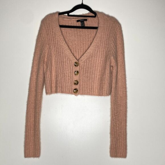 Forever 21 Ribbed Knit Fuzzy Crop Cardigan Sweater Women's Size Large - Picture 1 of 7